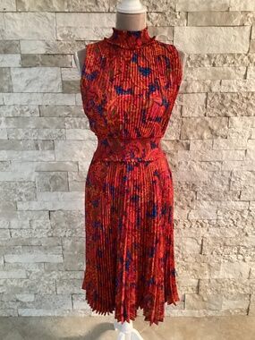 Nanette Lepore Floral Pleated Sleeveless Smocked Neck and Waist Midi Dress